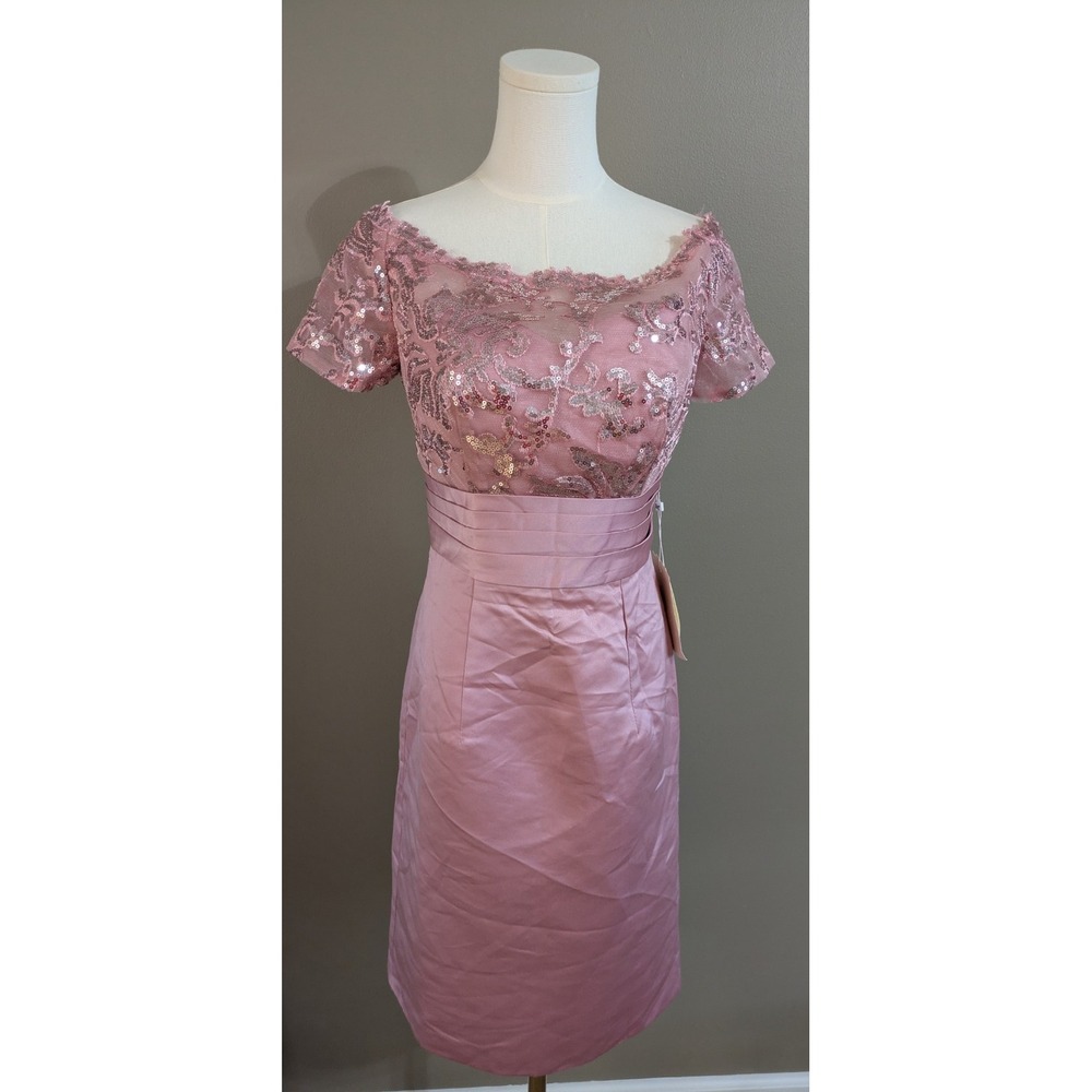 LanTing Pink Satin & Sequins Built In Bra Bridesmaid Mother Of Bride Dress NWT